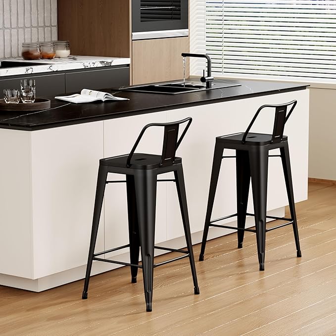 Tongli Metal Bar Stools Set of 2 Counter Stools Metal Bar Chairs Stools Counter Height Barstools Indoor Outdoor (Matte Black, 2PCS-26)