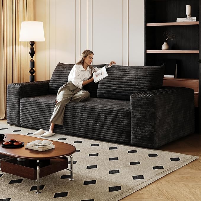 JINGLING 71" Small Couches for Small Spaces, Memory Foam loveseat Corduroy Couch in a Box, Compressed Boneless Sofa for Living Room Bedroom, Apartment Furniture, No Assembly Required, Black