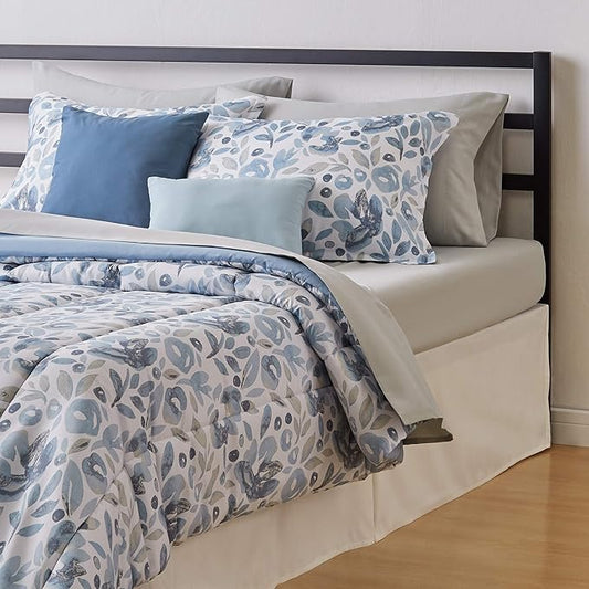 Amazon Basics 10-Piece Bed-in-a-Bag Comforter Set, Soft, Lightweight Microfiber, Queen, Blue Watercolor Floral, Machine Washable