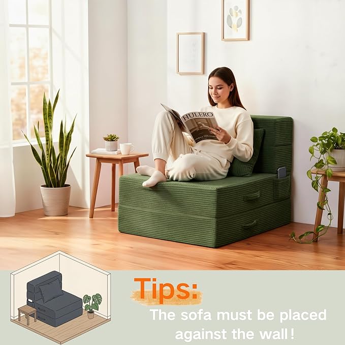Folding Sofa Bed, 4 in 1 Convertible Sleeper Chair with Pillow, Single Memory Foam Fold Out Chair Bed, Modern Floor Futon Sofa Couch Mattress for Living Room/Guest/Apartment, Green | Convertible, Compressed sofa, Large storage bag