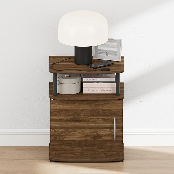Furinno Jaya Night Stand with Door, Nightstand with Open Shelf and Door Cabinet, Round Corner Bedside Table, Side Table, End Table, for Bedroom, Closet, Dorm, Columbia Walnut