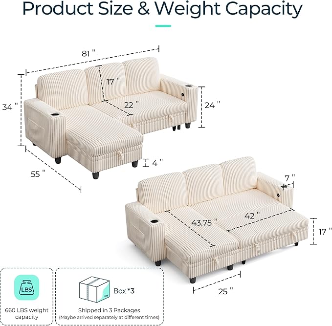 LINSY HOME Sectional Sleeper Sofa Pull Out Couches for Living Room (Beige, Sleeper Sofa 1) | Pull Out Sofa Bed, Storage, USB Charging, Cup Holders, Plush Corduroy | Pull Out Sofa Bed, Storage, USB Charging, Cup Holders, Plush Corduroy, Convertible Sofa...