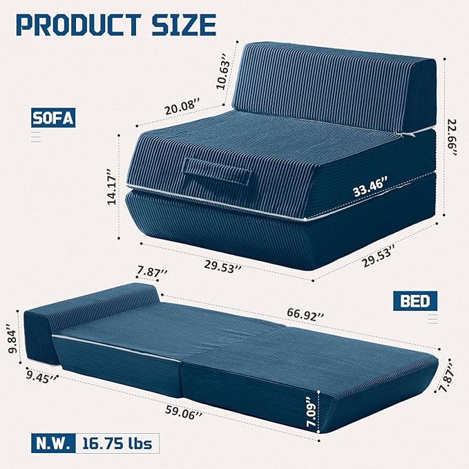 Trenda Folding Sofa Bed, 16lbs Convertible Sleeper Chair with Removable Back Pillow & Handle, Washable Cover Solid Foam Fold Out Chair Bed for Living Room, Apartment, Guest, Single, Navy Blue