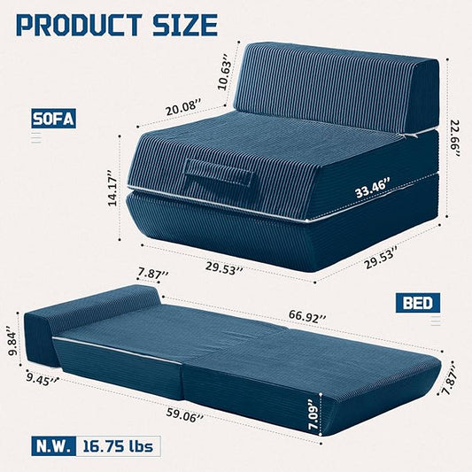 Trenda Folding Sofa Bed, 16lbs Convertible Sleeper Chair with Removable Back Pillow & Handle, Washable Cover Solid Foam Fold Out Chair Bed for Living Room, Apartment, Guest, Single, Navy Blue
