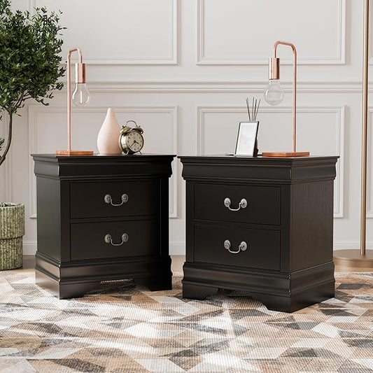 Furniture of America Arabella Traditional Solid Wood Nightstands Set of 2, Bedside Table with Drawers and Antique Nickle Handles, No Assembly Wooden Night Stands for Bedrooms, Guest Room, Dorm, Black