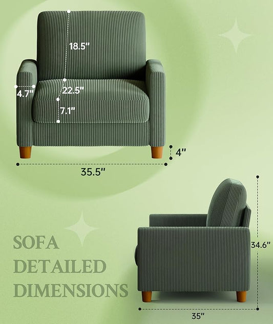 Welzona 35.3" Couches for Living Room, Comfy Green Couch Single with 22.5" Deeper Seat, Accent Chair Tool-Free Setup, Reading Chair 440lbs Support, Corduroy Couch for Bedroom, Apartment, Office