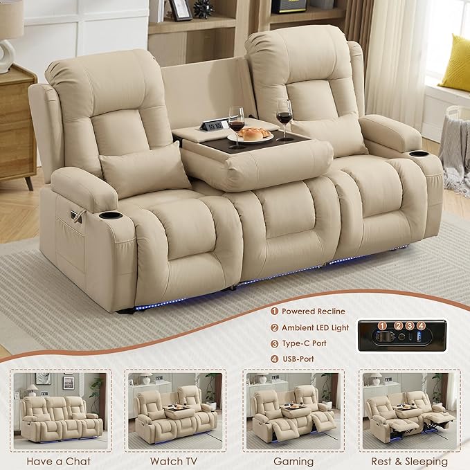TUNYI Wall Hugger Loveseat Recliner Sofa with Console, Power Reclining Loveseat RV Couch with Massage & Heat/USB/Outlet/Storage/LED Light (Beige, 3 Seat)