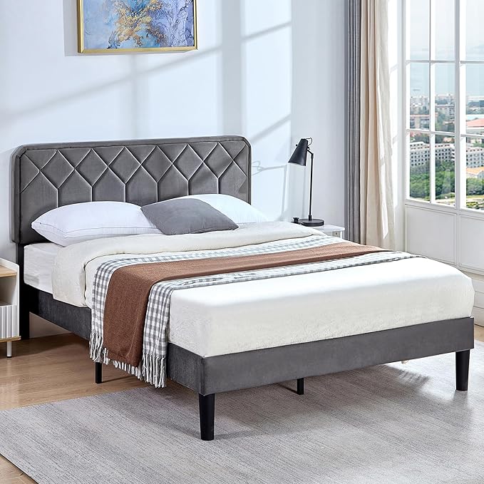 VECELO Queen Size Bed Frame Premium Velvet Upholstered Platform with Height Adjustable Headboard/Mattress Foundation, Solid Wooden Slat Support, No Box Spring Needed/Easy Assembly