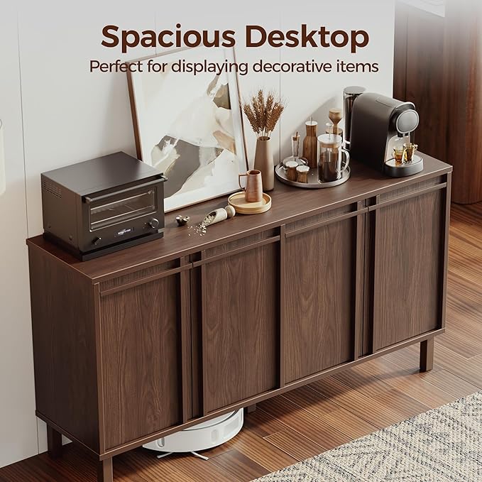 58" Sideboard Buffet Cabinet with Storage, 4 Doors, Adjustable Shelves, Wooden Mid Century Coffee Bar Cabinet for Kitchen, Living Room, Entryway, Walnut