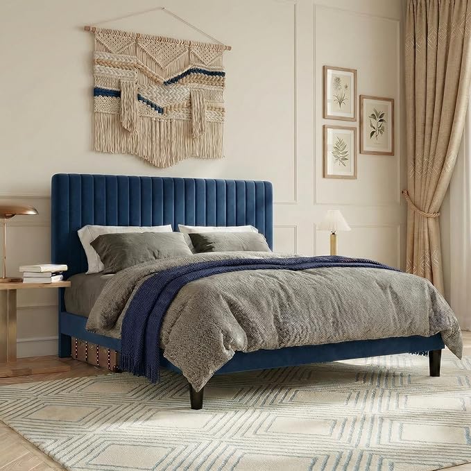 SHA CERLIN Full Upholstered Platform Bed Frame with Vertical Channel Tufted Velvet Fabric Adjustable Headboard, Wooden Slats Support, Mattress Foundation, Box Spring Optional, Blue