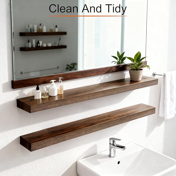 Rustic Brown Floating Shelves - 36 Inch Engineered Wood Wall Mounted Storage Rack, Heavy Duty Farmhouse Decorative Display Shelves for Living Room, Bedroom, Kitchen, Bathroom, Set of 2