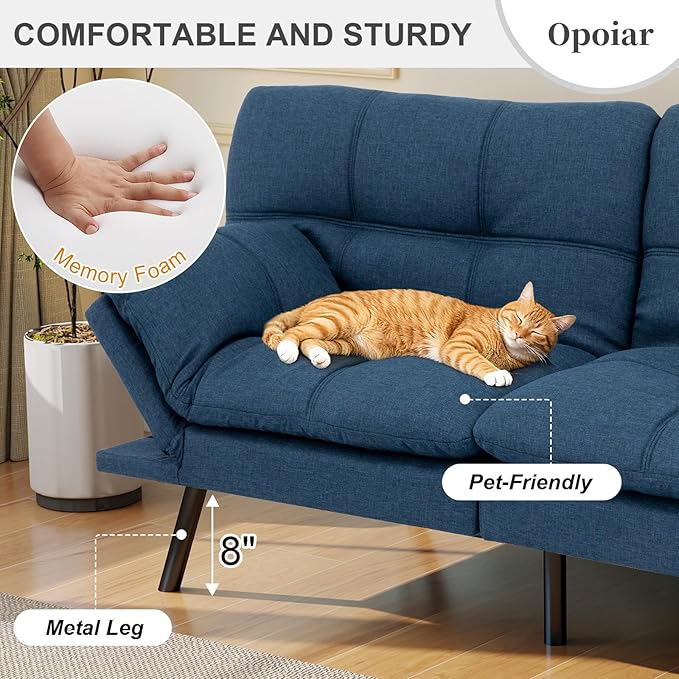 Opoiar Futon Sofa Bed Convertible Memory Foam Blue Couch Bed Futon Sets Folding Modern Sleeper Sofa Gray Loveseat for Studio,Drom,Apartment,Game Room and Small Space
