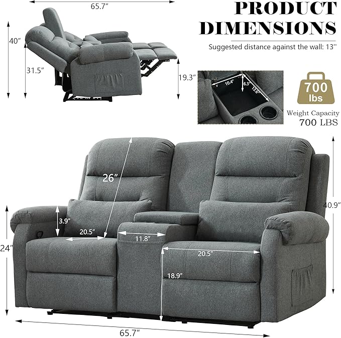 DRMBOOK RV Loveseat Recliner Sofa with Console, Linen Fabric Double Wall Hugger Reclining Couch Manual Home Movie Seating 2 Person Recliner Chair with Cup Holders/Storage/Pocket/Lumbar Pillow, Grey