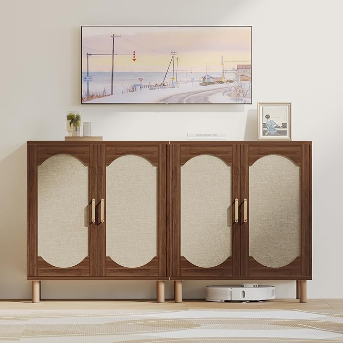 Buffet Cabinet with Storage, Imitation Fabric Arched Sideboard with Adjustable Shelves, Coffee Bar Cabinet for Kitchen, Living Room, Hallway, Entryway, Walnut