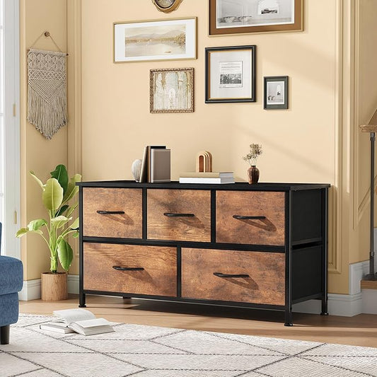 DWVO Dresser for Room with 5 Drawers - Fabric Storage Tower, Long Fabric Dresser, Organizer Unit for Closet, Hallway