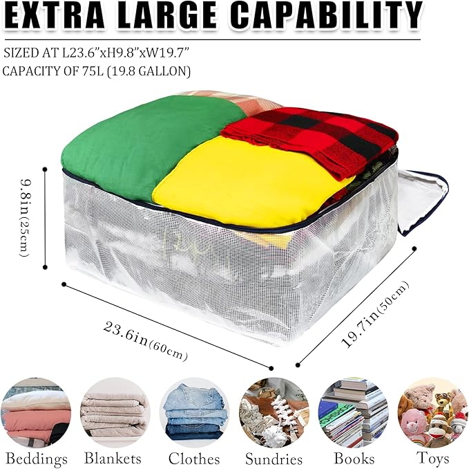 Clear Storage Bags with Zipper, 75L Extra Large Capacity - Closet, Underbed Storage Organizer for Clothes, Bedding, Comforter, Toys, Pillow & Blanket (2)