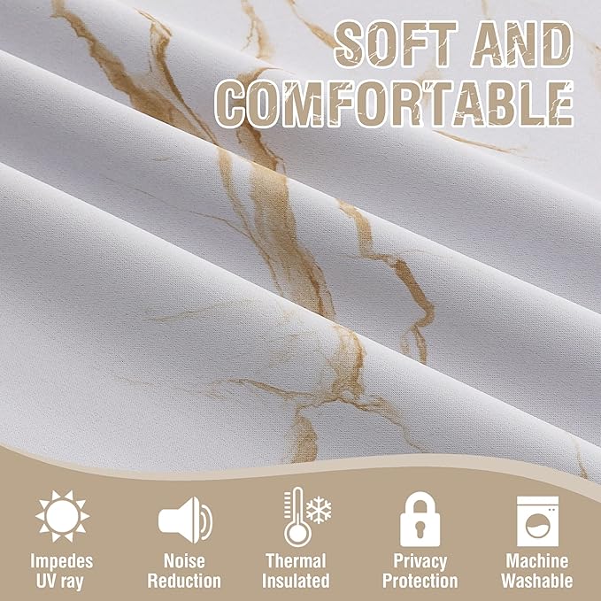 H.VERSAILTEX 100% Blackout Curtains 96 inch Length 2 Panels Set Marble Designs Printed Drapes Thermal Curtains for Bedroom with Black Liner Sound Proof Curtains, Gold