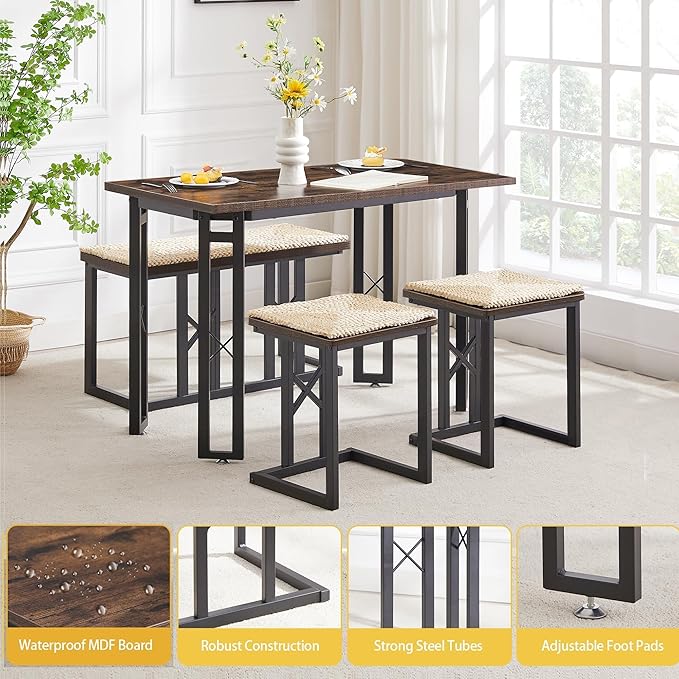 VECELO 43.3" Kitchen & Dining Table Set for 4, Rustic Farmhouse Style with 3 Benches and Wicker Cushions, Compact Metal Frame with Adjustable Foot Pads, Brown