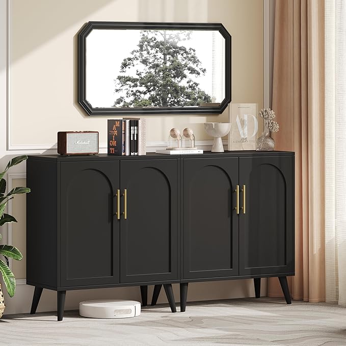 15.7" D Set of 2 Modern Buffet Cabinet with Storage, Buffet Sideboard with Adjustable Shelf and Solid Wood Legs, Accent Floor Storage Cabinet for Kitchen, Living Room and Entryway, Black