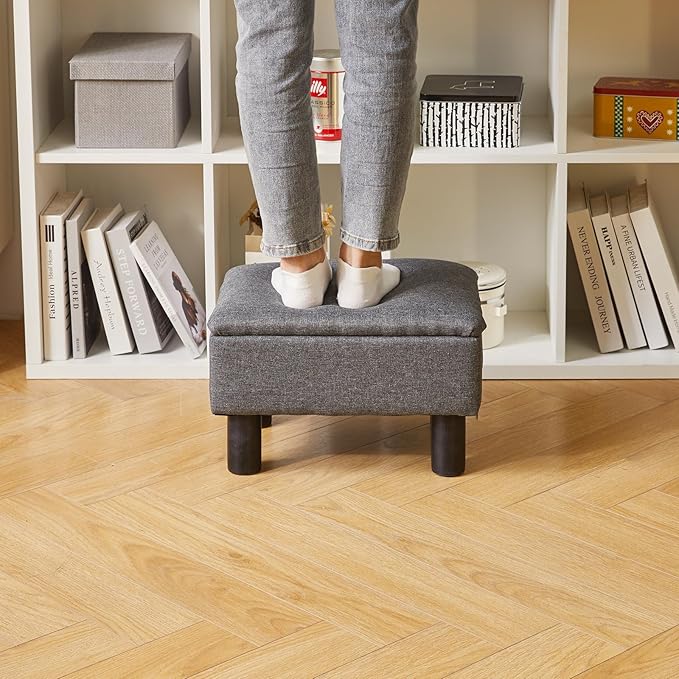Linen Small Ottoman Foot Rest, Foot Stools with Storage Small, Upholstered Rectangle Wood Ottoman with Safety Hinge Flip Top, Bed Stool for Bedroom Dorm Light Gray YD-JD1364