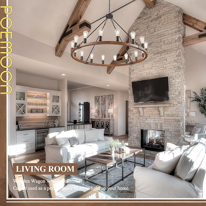 16 Lights Farmhouse Wagon Wheel Chandelier 43.3'' Rustic Wooden Light Fixture Black Round Chandelier Industrial for High Ceiling Living Dining Room Foyer Villa