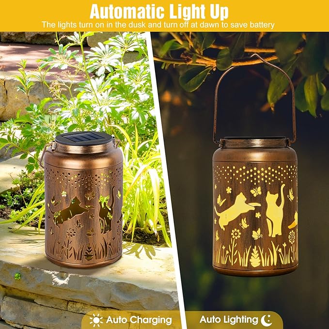 Cat Gifts Solar Lanterns Outdoor Waterproof, Birthday Gifts for Women, Mom, Metal Hanging Solar Lights Outdoor for Patio Porch Yard Backyard Garden Decor