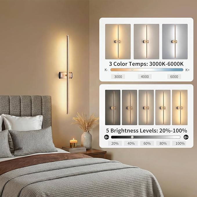 ONEWISH Battery Operated Wall Sconces Set of 2, 27.75" Rechargeable Wall Lights with Remote & Removable Battery, 3-Color Dimmable Wireless Sconces for TV Wall Decor, Picture Light, Bedroom, Gold