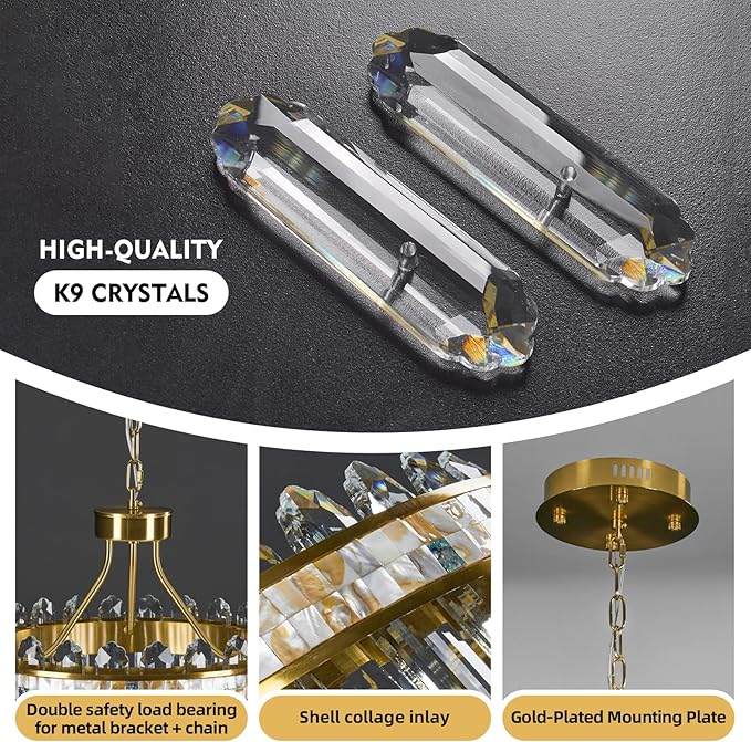 Gold Modern Round LED Crystal Chandelier - 17.7" Luxury 3 Colors Stepless Dimmable Chandeliers for Dining Room,Adjustable Height Ceiling Light Fixture for Kitchen Island Bathroom With Remote Control