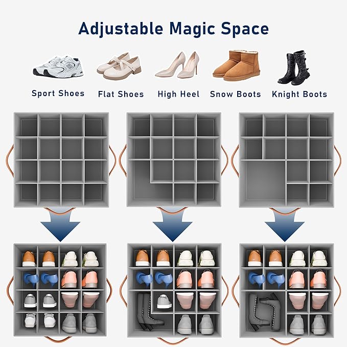 Shoe Organizer for Closet, Fabric Shoe Storage Bins with Clear Cover, Adjustable Dividers for Shoe Storage, Shoe Cube Organizer Fits up to 16 Pairs, Grey 1-Pack