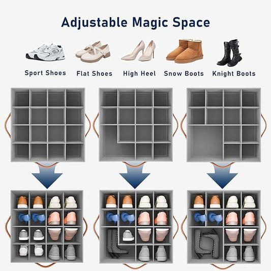 Shoe Organizer for Closet, Fabric Shoe Storage Bins with Clear Cover, Adjustable Dividers for Shoe Storage, Shoe Cube Organizer Fits up to 16 Pairs, Grey 1-Pack