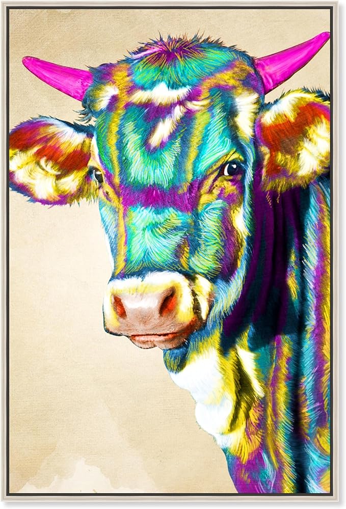 Country Farmhouse Canvas Print Painting Animal Wall Art 'Fun Colorful Glam Farm Cow' Champagne Framed Canvas Rustic Home Décor 36x54 in Green, Pink by Oliver Gal