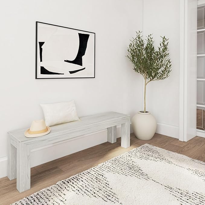 Plank+Beam 60 Inch Dining Bench for Dining Room, Bench for 72 Inch Table Kitchen Dining Seat, Wooden Outdoor Bench, Solid Wood Entryway Bench, White Sand Wirebrush