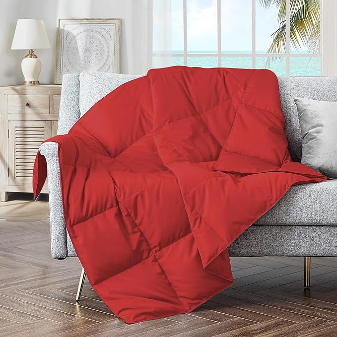 puredown® Soft Feather Down Throw Blanket Lightweight Packable Couch Throw for Indoor and Outdoor Use,Throw 50"X70", Fiery Red