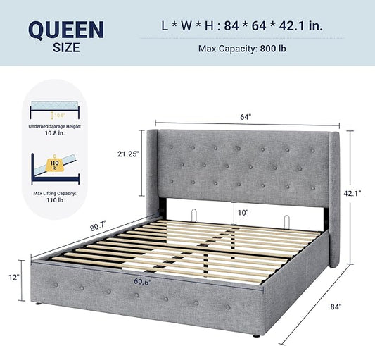 Allewie Queen Size Lift Up Storage Bed, Button Tufted Headboard with Wingback, Hydraulic Support, No Box Spring Needed, Light Grey