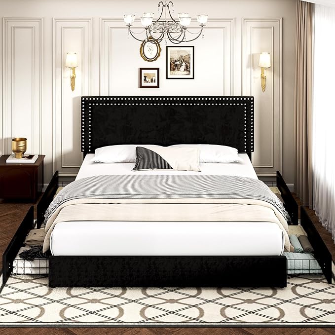 VECELO Full Size Upholstered Platform Bed Frame with 4 Storage Drawers, Adjustable Velvet Rivet Decor Headboard, Wooden Slats Support, No Box Spring Needed, Easy Assembly