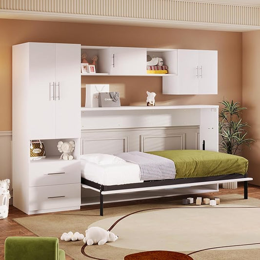 Merax Twin Murphy Bed Cabinet with Storage Wardrobe, Wood Folding Wall Cabinet Bed w/Open Shelves & Drawers, for Guest Room, Home Office, White