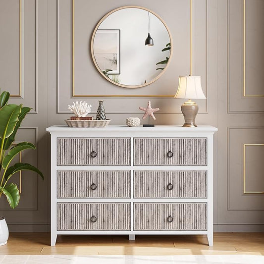 GarveeHome 6 Drawer Dresser for Bedroom, Waveform Fluted Chest with Large Drawer, Wooden Chest of Storage Cabinet, Fluted Dressers for Bedroom Living Room Hallway Closet, Anti-Tipping