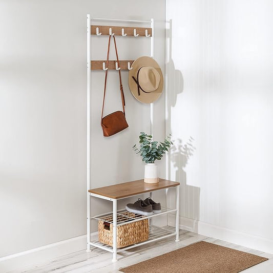 Honey-Can-Do Entryway Hall Tree with Bench and Shoe Storage, White/Walnut SHF-09603 White, 300 lbs