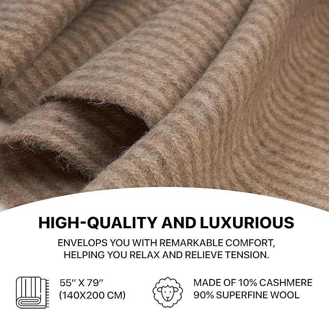 | Cashmere Blend Blanket | 10% Cashmere, 90% Superfine Wool | Ultra-Soft, Warm & Breathable Throw with Fringes | Elegant Bed or Sofa Layer 55"x79" (140 x 200 cm)