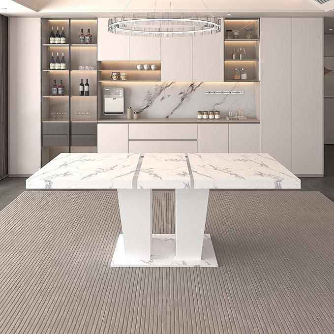 Ball & Cast Expandable Dining Table for 6-10,63-78.74" Kitchen Table W/Heavy Duty Pedestal Base,Rectangular Extendable Dining Room Table for Small Space,White Marble