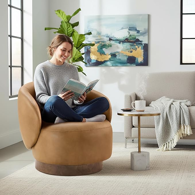 Swivel Accent Chair Modern Round Barrel Armchair with Upholstered Faux Leather for Living Room Bedroom Waitingroom,1 Box,Brown