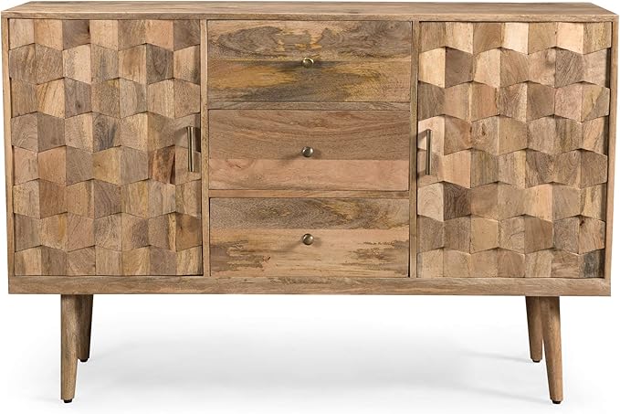Great Deal Furniture Zona Mid-Century Modern Mango Wood 3 Drawer Sideboard with 2 Doors, Natural
