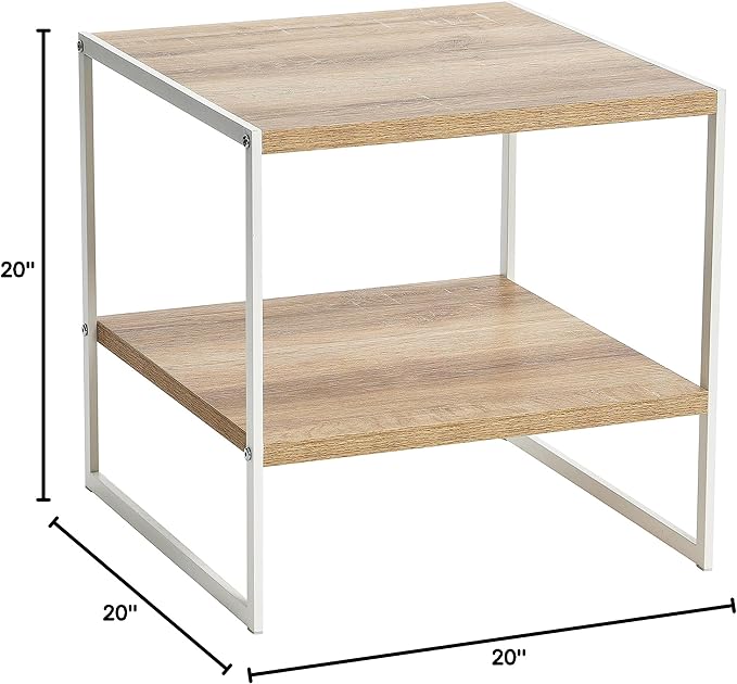Household Essentials Jamestown Square Side End Table with Storage Shelf Coastal Oak Rustic Wood Grain and White Metal