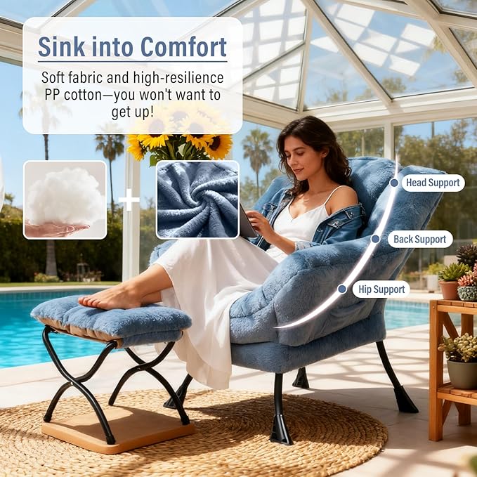 Lazy Chair with Ottoman, Modern Chair with Folding Footrest, Plush Light Blue Accent Chair, Comfortable Reading Chair, Oversized Armchairs for Bedroom, Study, Living Room, Courtyard