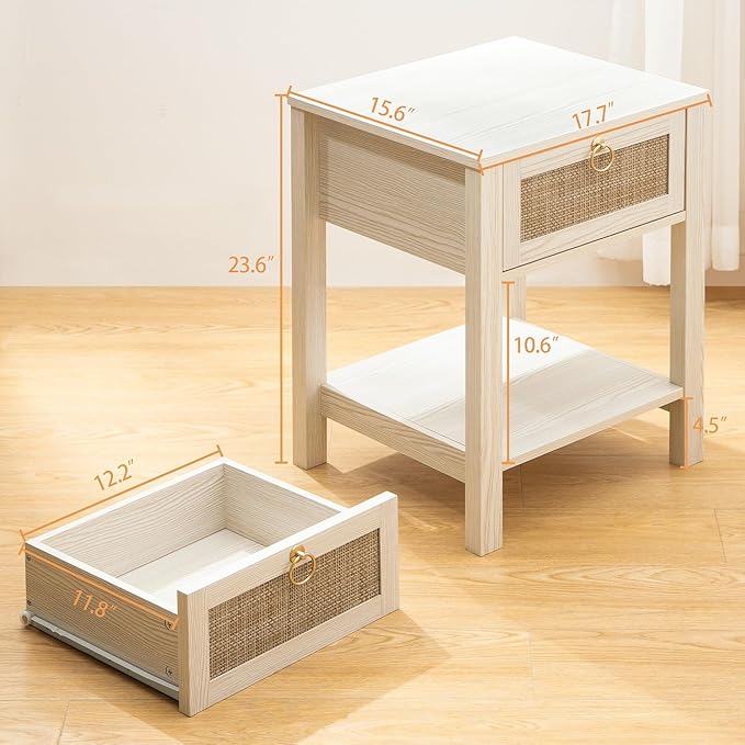 SICOTAS White Nightstand Set of 2,Rattan Decor Drawer with Brass Knobs Night Stand Bedside Table Boho End Tables Side Tables with Storage Shelf for Bedroom,Small Space