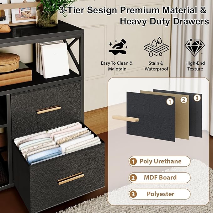 LED TV Stand for 55 inch TV, 47" Entertainment Center with 4 Fabric Drawers & Open Shelf, Brushed Gold Handle, TV Media Console Table for Living Room, Bedroom, Hallway, Black