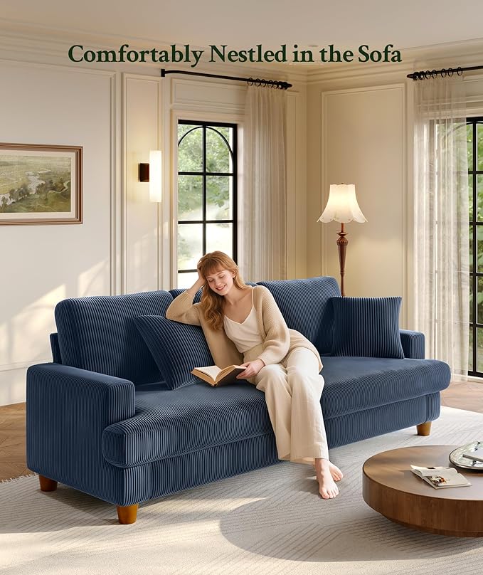 Welzona 87.2" Couches for Living Room, Comfy Blue Couch 7.5" Extra Thick Cushion, Sofas for Living Room Tool-Free Setup, Loveseat Sofa 848lbs Support, Corduroy Couch for Bedroom, Apartment, Office