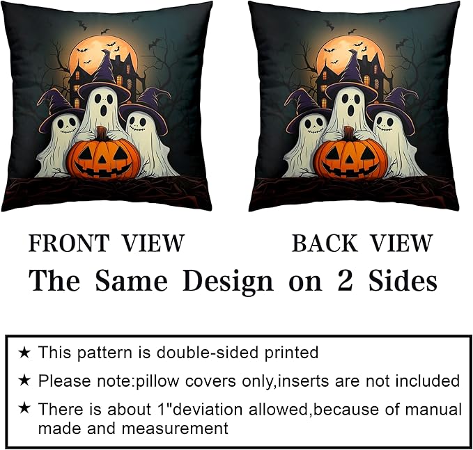 Set of 2 Halloween Pillow Covers 24x24 Ghost Throw Pillow Covers Full Moon Night Castle Bat Pillow Case Jack-O-Lantern Cushion Case for Holiday Party Decor Couch Sofa