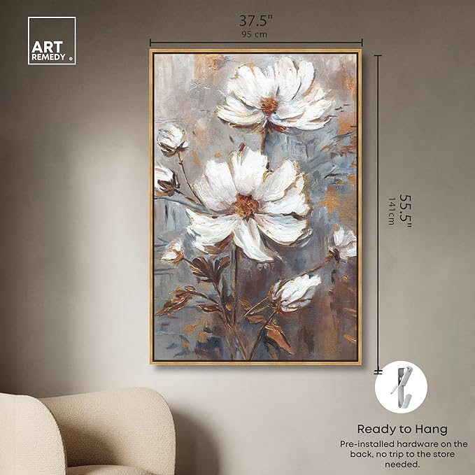 Art Remedy White Textured Flowers Canvas Elegant Floral Wall Art, Gold Frame, 36" x 54"
