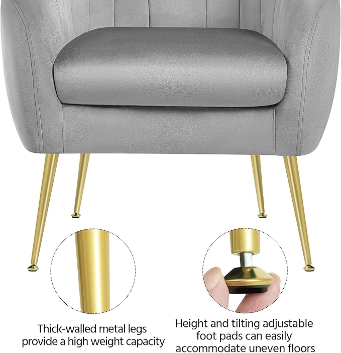 Yaheetech Modern Vanity Chair, Velvet Soft Accent Chair with Gold Metal Legs, Tufted Armchair Chaise Lounge for Living Room/Bedroom, Gray